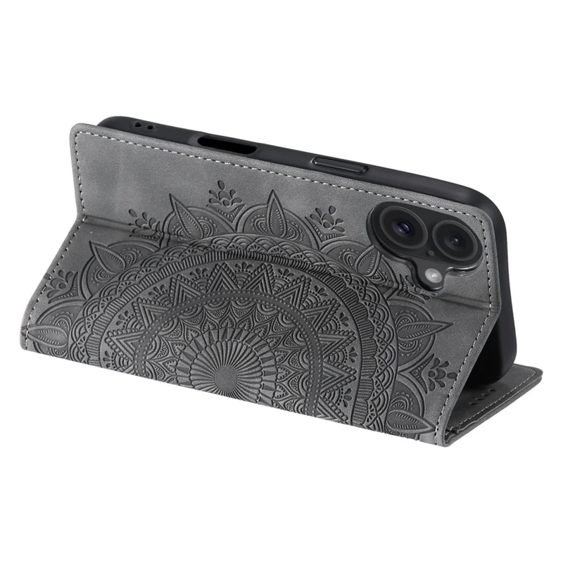 Style-010 Funda Magnética Para iPhone 16 Funda de Teléfono de Cuero con Patrón Grabado - Gris