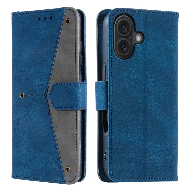 For iPhone 16 Protective Case Splicing Stitching Leather Flip Phone Cover - Blue