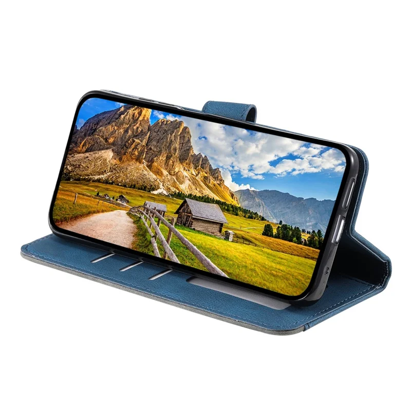 For iPhone 16 Protective Case Splicing Stitching Leather Flip Phone Cover - Blue