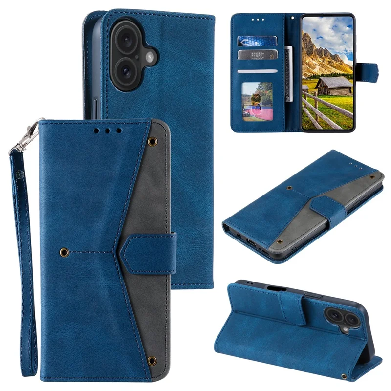 For iPhone 16 Protective Case Splicing Stitching Leather Flip Phone Cover - Blue