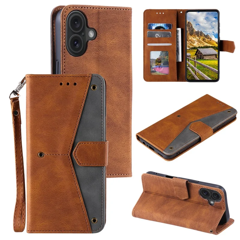 Voor iPhone 16 Plus hoesje met gelaste stiksels Lederen portemonnee telefoonhoes - Bruin