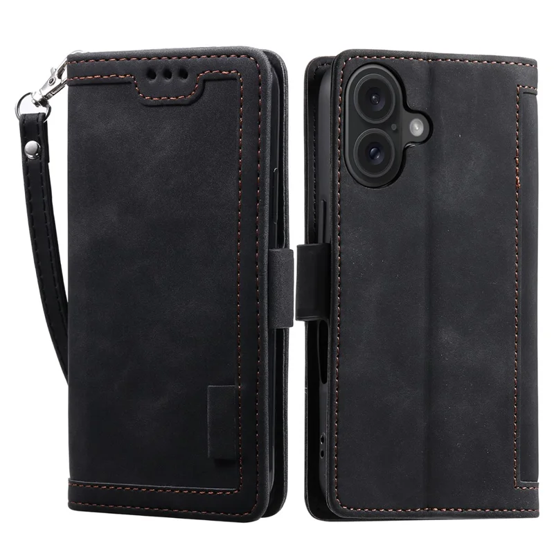 For iPhone 16 Plus Case Full Protection Vintage Splicing Leather Phone Cover - Black