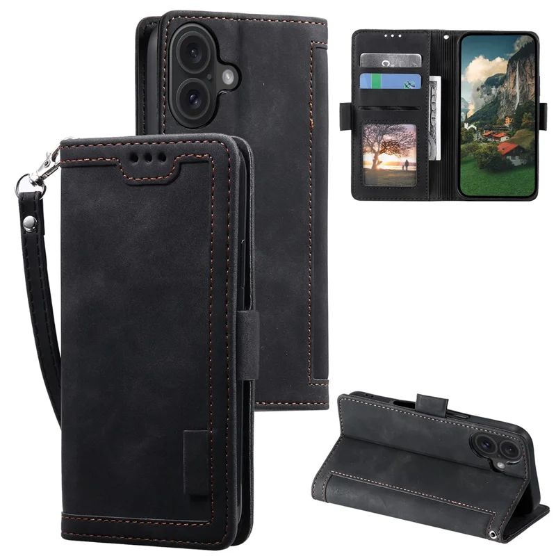 For iPhone 16 Plus Case Full Protection Vintage Splicing Leather Phone Cover - Black