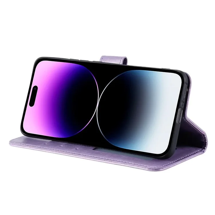 For iPhone 16 Stand Case PU Leather Wallet Phone Cover Totem Imprinted - Purple