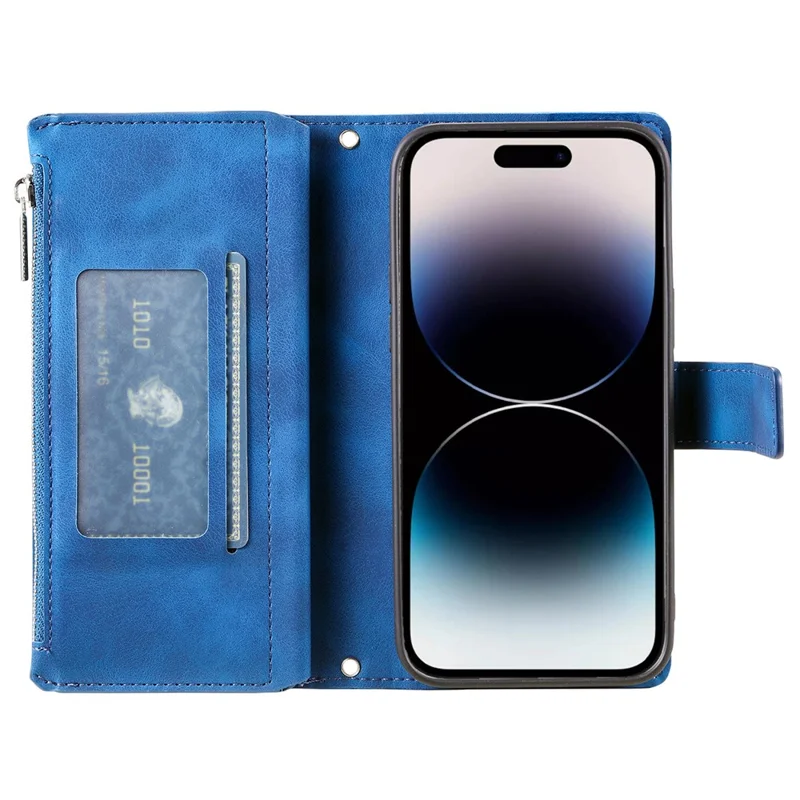 النمط 006 لجهاز iPhone 16 Plus غطاء هاتف بتصميم زهرة الماندالا من جلد PU مع محفظة بسحّاب - أزرق