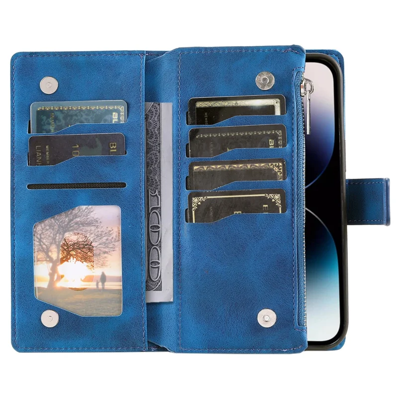 النمط 006 لجهاز iPhone 16 Plus غطاء هاتف بتصميم زهرة الماندالا من جلد PU مع محفظة بسحّاب - أزرق