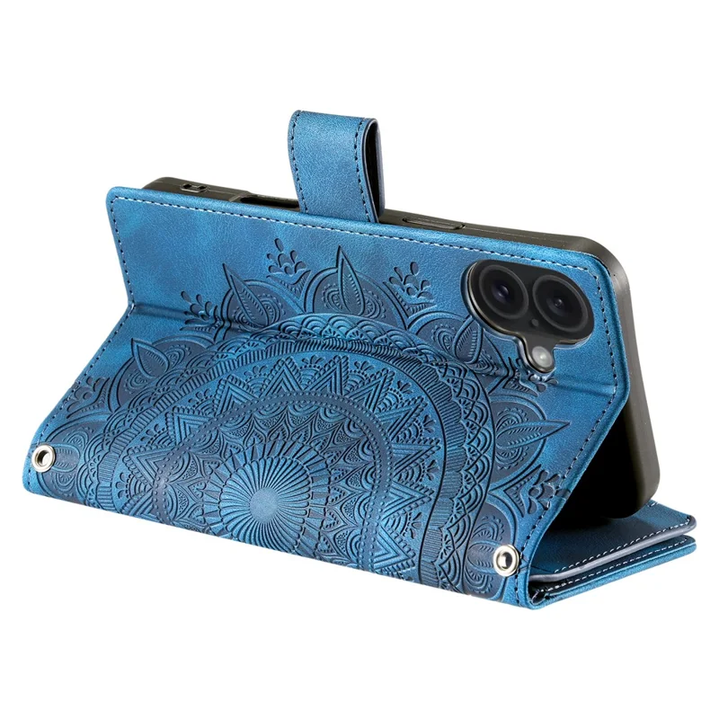 النمط 006 لجهاز iPhone 16 Plus غطاء هاتف بتصميم زهرة الماندالا من جلد PU مع محفظة بسحّاب - أزرق