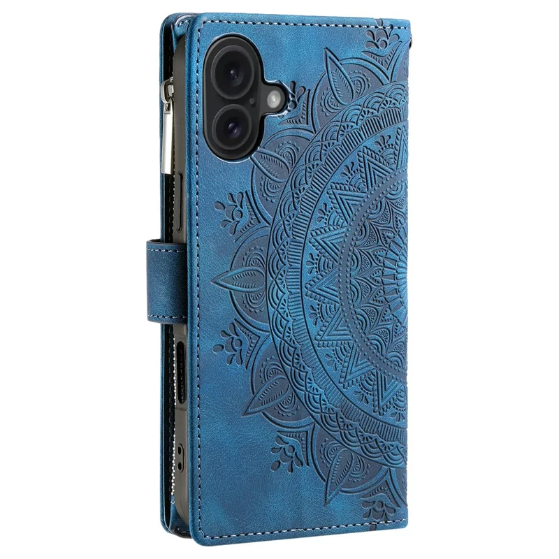 النمط 006 لجهاز iPhone 16 Plus غطاء هاتف بتصميم زهرة الماندالا من جلد PU مع محفظة بسحّاب - أزرق