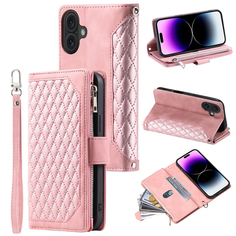 Style 005 For iPhone 16 Plus Case Rhombus Stitching Line PU Leather Zipper Wallet Phone Cover - Rose Gold