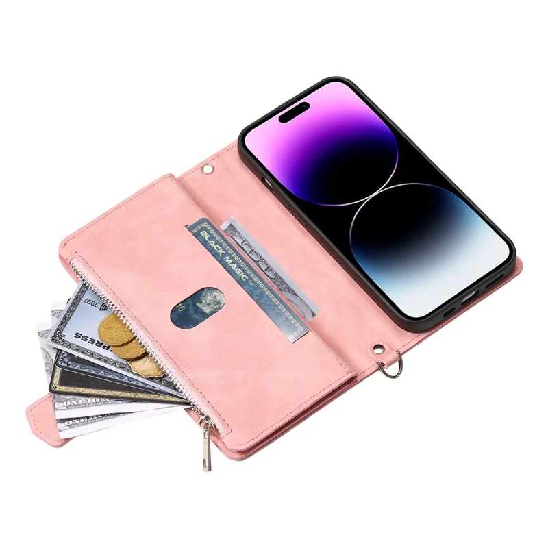 Style 005 For iPhone 16 Plus Case Rhombus Stitching Line PU Leather Zipper Wallet Phone Cover - Rose Gold