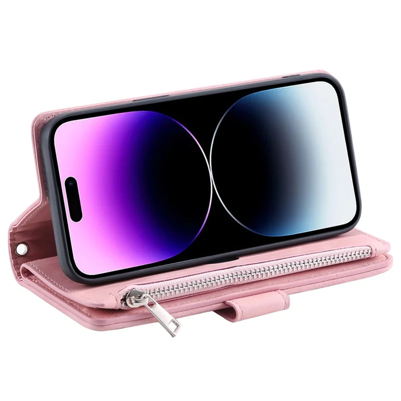 Style 005 For iPhone 16 Plus Case Rhombus Stitching Line PU Leather Zipper Wallet Phone Cover - Rose Gold