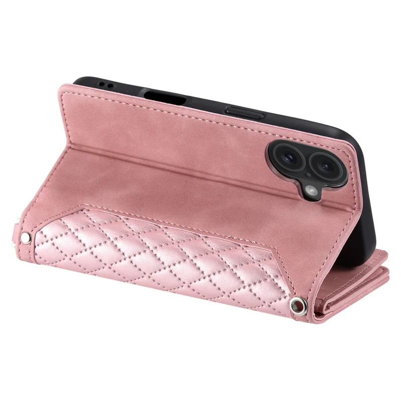 Style 005 For iPhone 16 Plus Case Rhombus Stitching Line PU Leather Zipper Wallet Phone Cover - Rose Gold