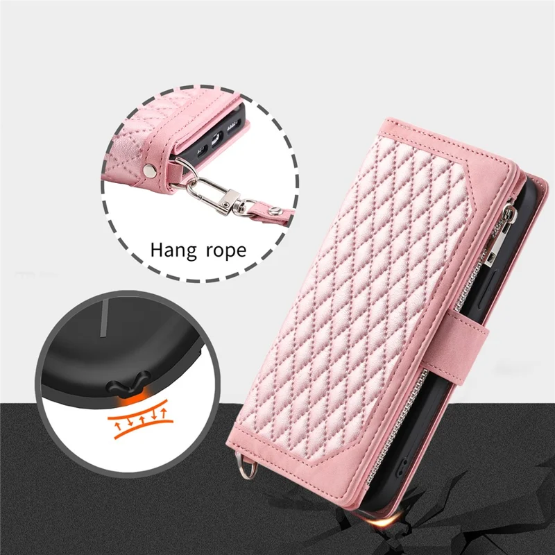 Style 005 For iPhone 16 Plus Case Rhombus Stitching Line PU Leather Zipper Wallet Phone Cover - Rose Gold