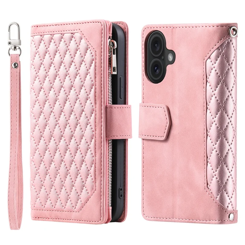 Style 005 For iPhone 16 Plus Case Rhombus Stitching Line PU Leather Zipper Wallet Phone Cover - Rose Gold