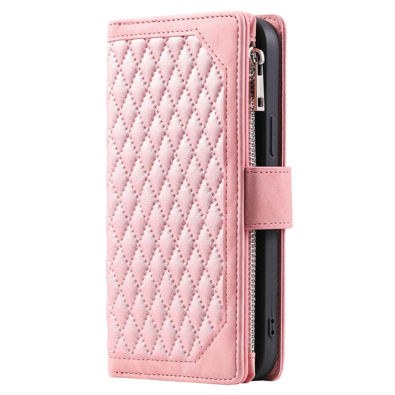 Style 005 For iPhone 16 Plus Case Rhombus Stitching Line PU Leather Zipper Wallet Phone Cover - Rose Gold
