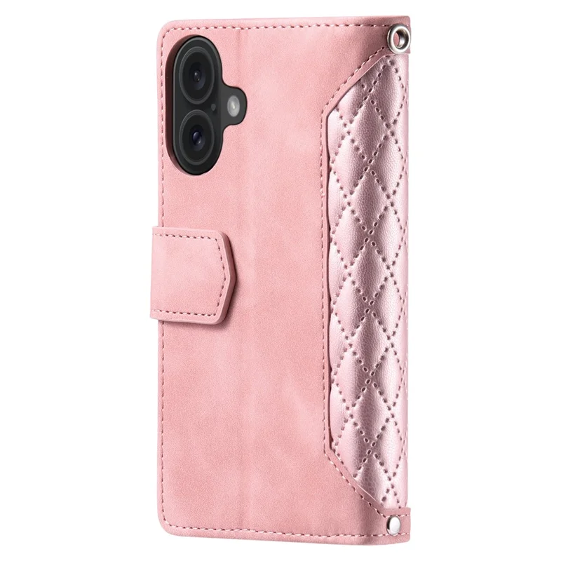Style 005 For iPhone 16 Plus Case Rhombus Stitching Line PU Leather Zipper Wallet Phone Cover - Rose Gold
