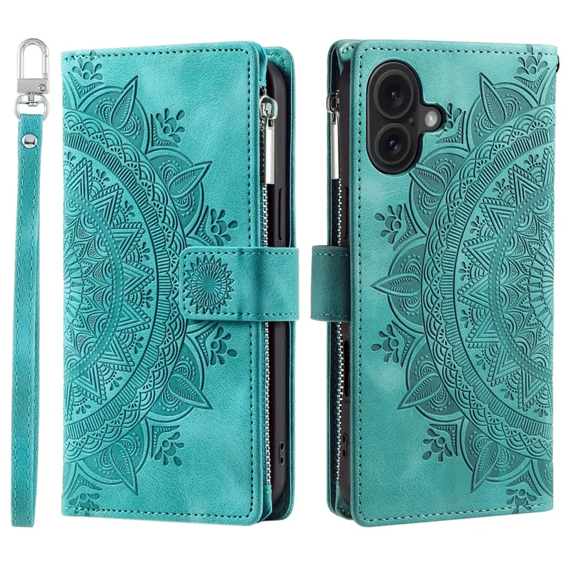 Style 006 For iPhone 16 Case PU Leather Wallet Phone Cover Mandala Flower Pattern - Mint Green