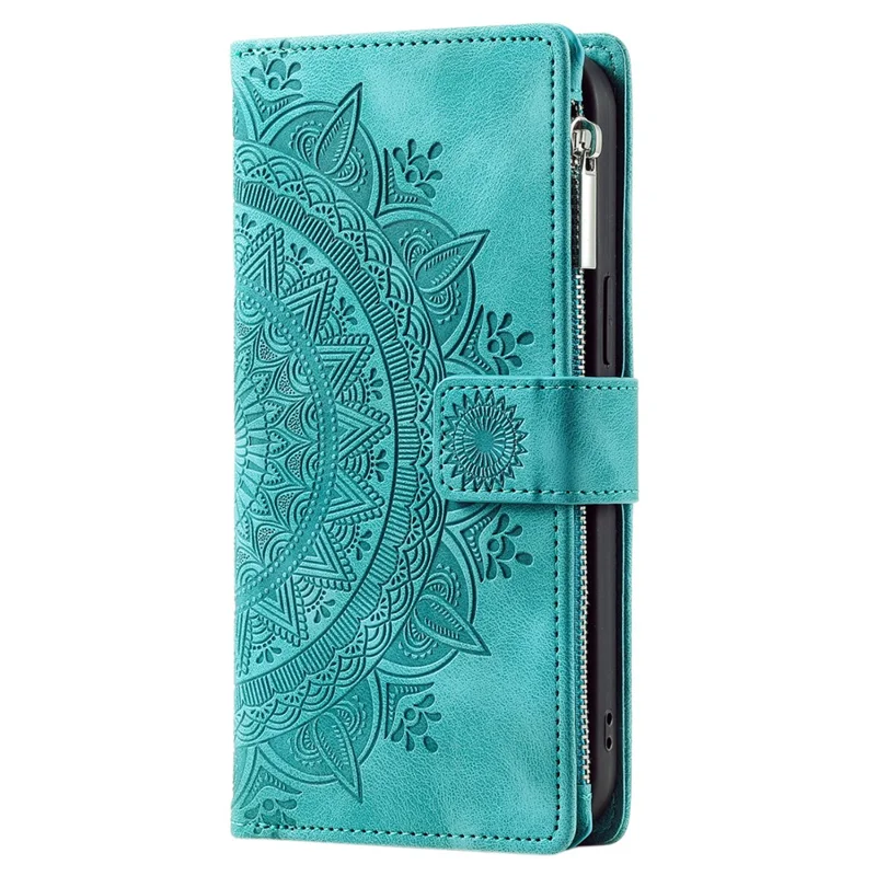 Style 006 For iPhone 16 Case PU Leather Wallet Phone Cover Mandala Flower Pattern - Mint Green