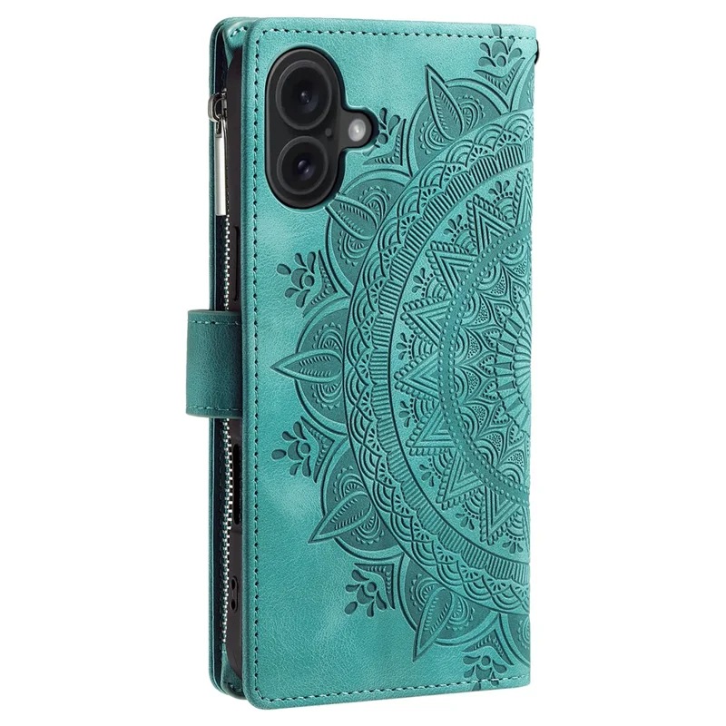 Style 006 For iPhone 16 Case PU Leather Wallet Phone Cover Mandala Flower Pattern - Mint Green