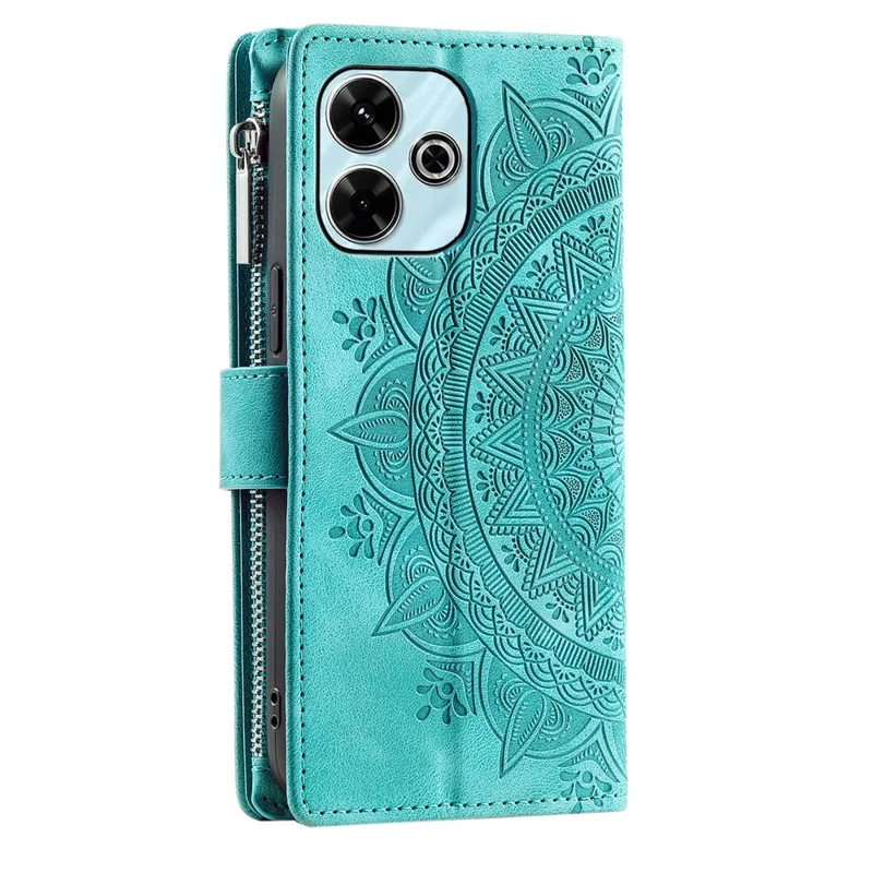 Estilo 006 Para Xiaomi Redmi 13 5G / 4G Capa Carteira de Couro PU Capa de Telefone Padrão de Flor de Mandala - Verde Menta