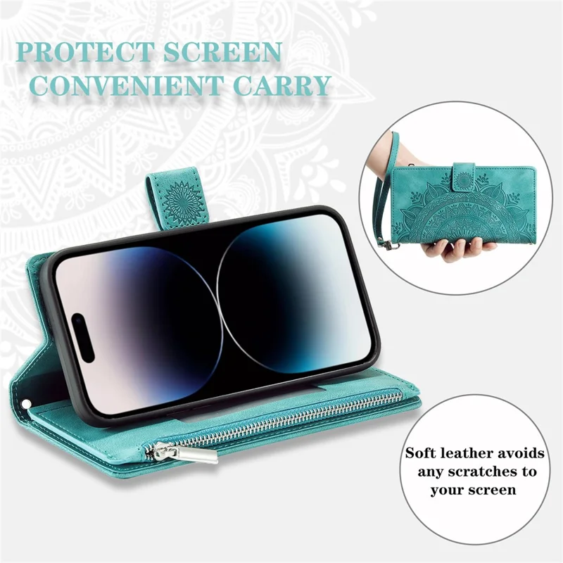 Estilo 006 Para Xiaomi Redmi 13 5G / 4G Capa Carteira de Couro PU Capa de Telefone Padrão de Flor de Mandala - Verde Menta