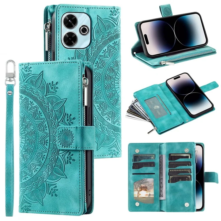 Estilo 006 Para Xiaomi Redmi 13 5G / 4G Capa Carteira de Couro PU Capa de Telefone Padrão de Flor de Mandala - Verde Menta