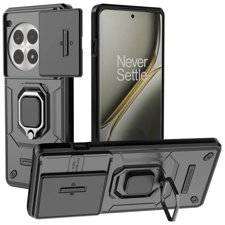 Para OnePlus Ace 3 Pro 5G Case PC+TPU Ring Kickstand Phone Protector com Lens Cover - Preto