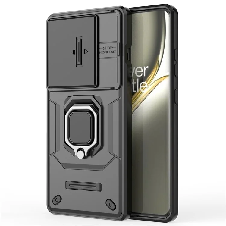 Para OnePlus Ace 3 Pro 5G Case PC+TPU Ring Kickstand Phone Protector com Lens Cover - Preto