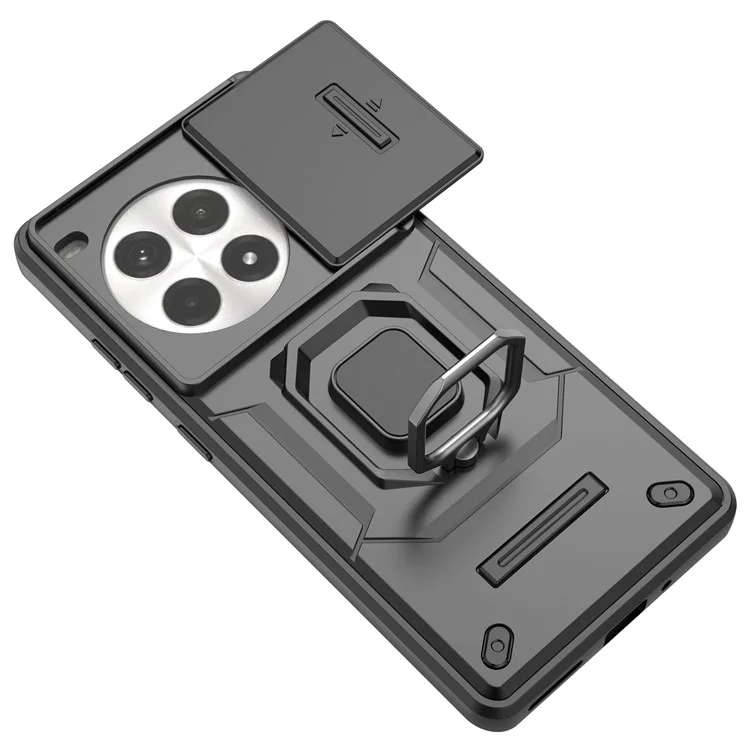 Para OnePlus Ace 3 Pro 5G Case PC+TPU Ring Kickstand Phone Protector com Lens Cover - Preto