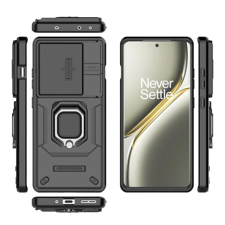 Para OnePlus Ace 3 Pro 5G Case PC+TPU Ring Kickstand Phone Protector com Lens Cover - Preto