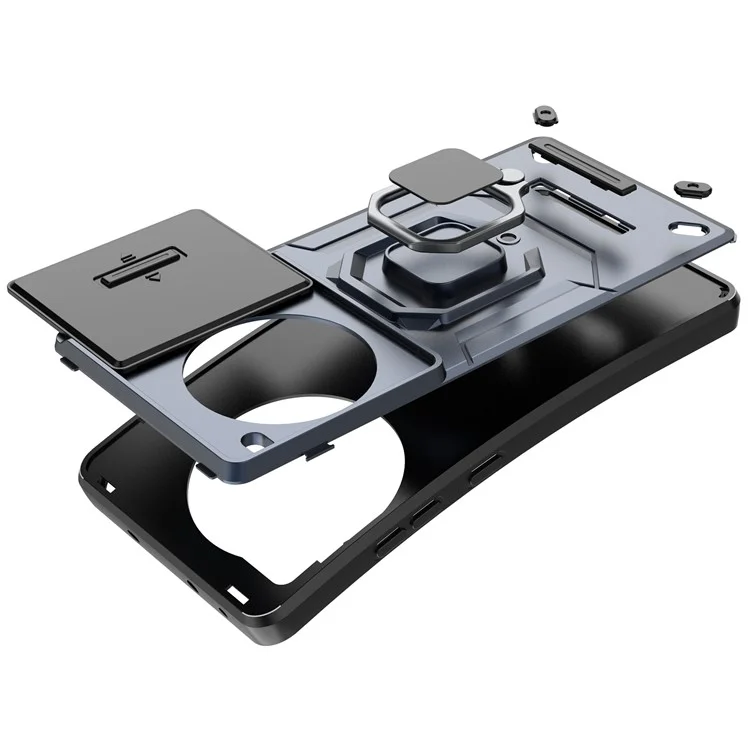 Para OnePlus Ace 3 Pro 5G Case PC+TPU Ring Kickstand Phone Protector com Lens Cover - Preto