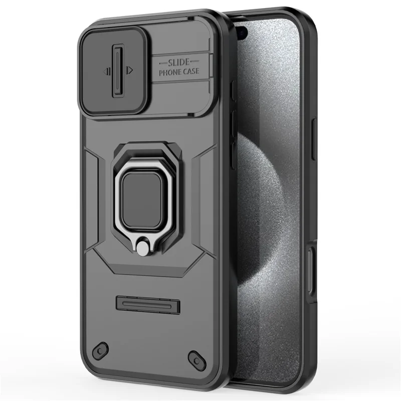 For iPhone 16 Pro Max Case Ring Kickstand Camshield PC+TPU Phone Cover - Black