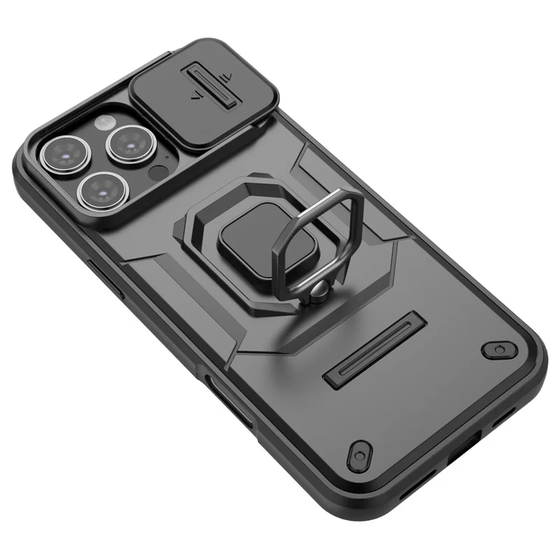 For iPhone 16 Pro Max Case Ring Kickstand Camshield PC+TPU Phone Cover - Black