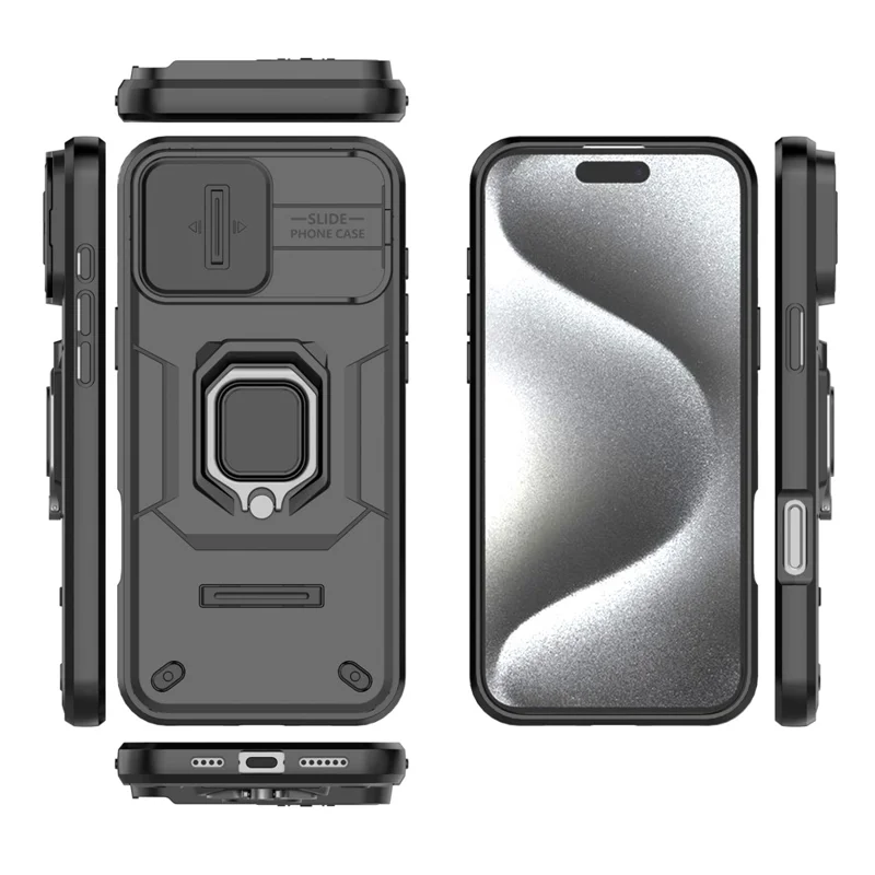 For iPhone 16 Pro Max Case Ring Kickstand Camshield PC+TPU Phone Cover - Black