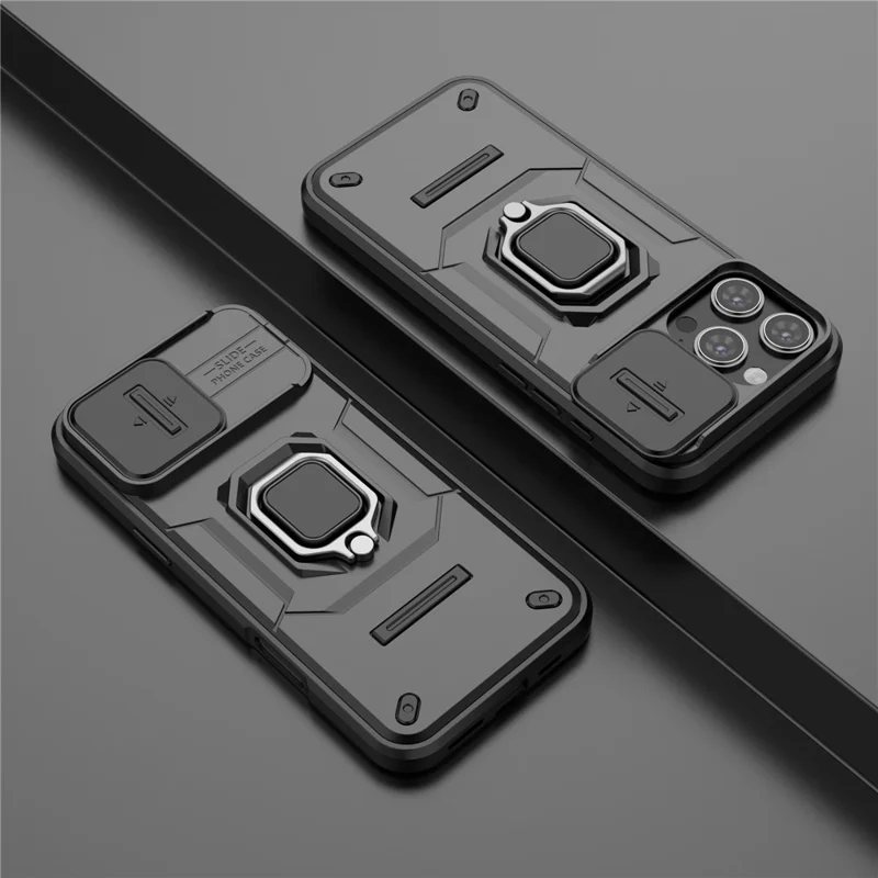 For iPhone 16 Pro Max Case Ring Kickstand Camshield PC+TPU Phone Cover - Black