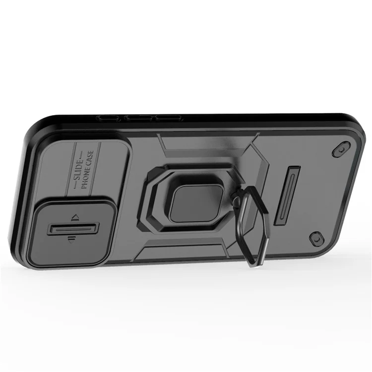 For iPhone 16 Plus Case PC+TPU Camshield Phone Cover with Ring Holder Kickstand - Black