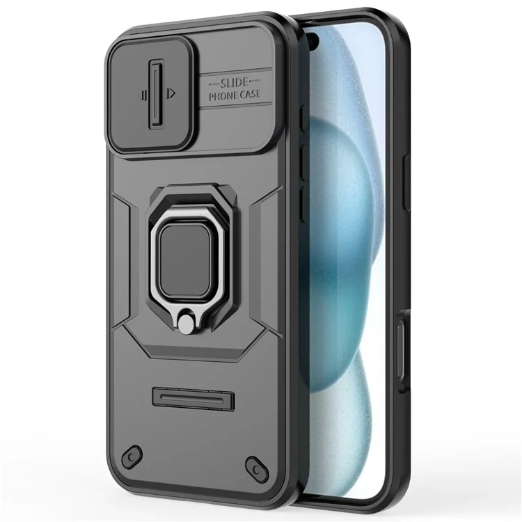 For iPhone 16 Plus Case PC+TPU Camshield Phone Cover with Ring Holder Kickstand - Black