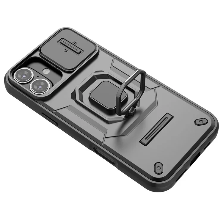 For iPhone 16 Plus Case PC+TPU Camshield Phone Cover with Ring Holder Kickstand - Black
