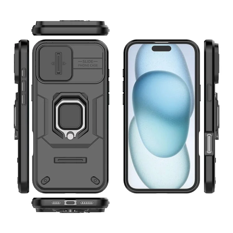 For iPhone 16 Plus Case PC+TPU Camshield Phone Cover with Ring Holder Kickstand - Black