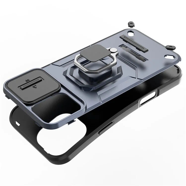 For iPhone 16 Plus Case PC+TPU Camshield Phone Cover with Ring Holder Kickstand - Black