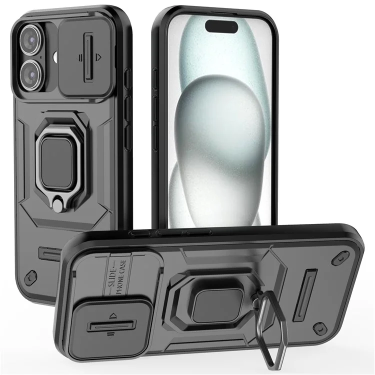 For iPhone 16 Custodia Cover con Anello e Supporto - Nero