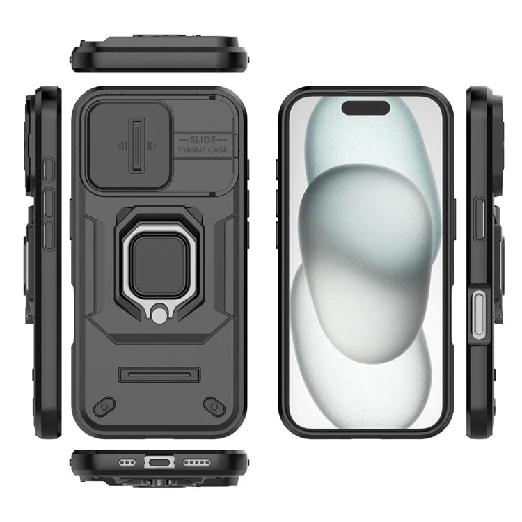 For iPhone 16 Custodia Cover con Anello e Supporto - Nero