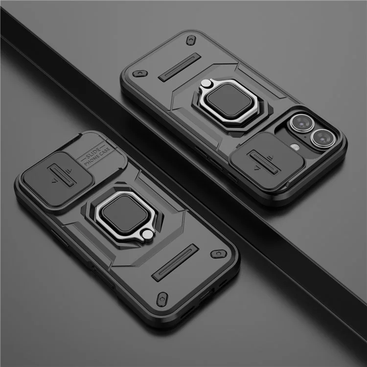 For iPhone 16 Custodia Cover con Anello e Supporto - Nero