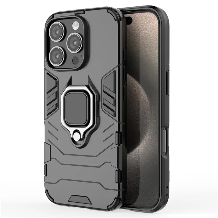 Für iPhone 16 Pro Case PC+TPU Ring Kickstand Schutzhülle - Schwarz
