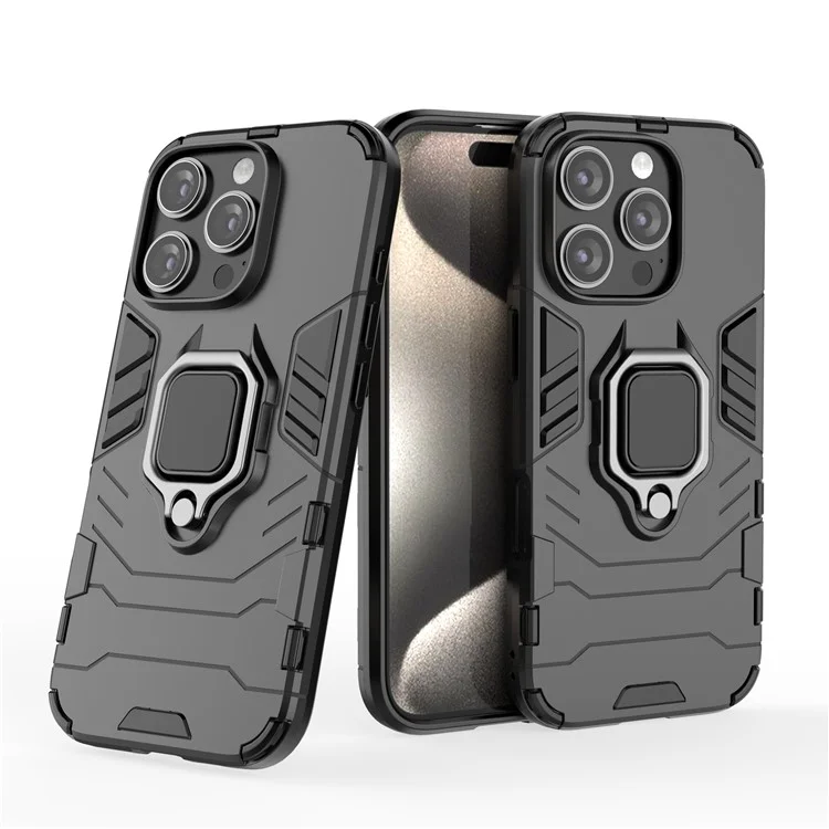 Für iPhone 16 Pro Case PC+TPU Ring Kickstand Schutzhülle - Schwarz