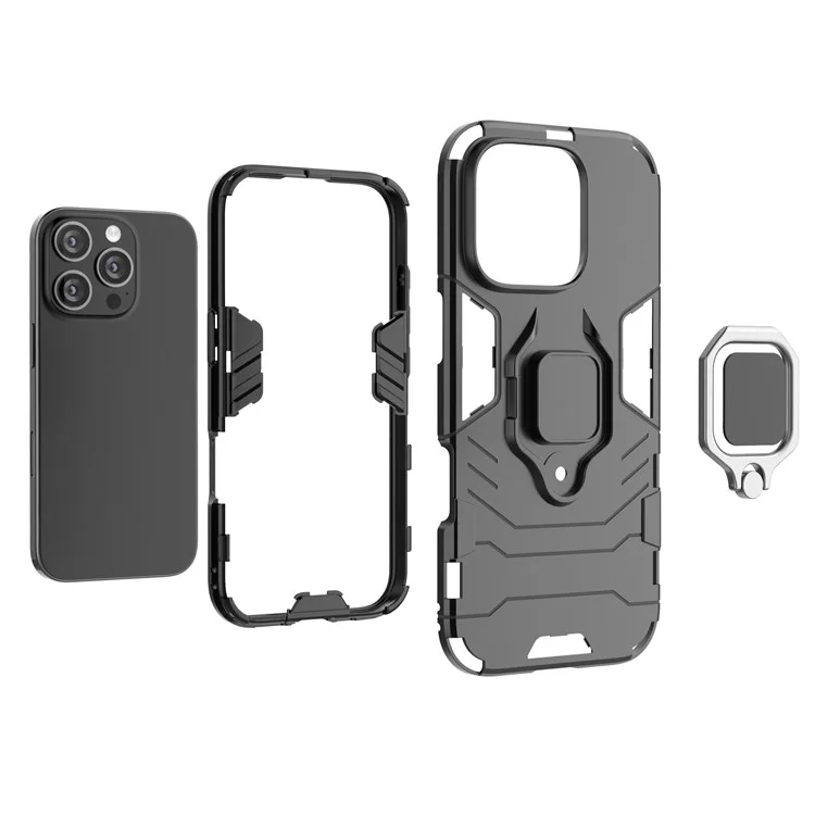 Für iPhone 16 Pro Case PC+TPU Ring Kickstand Schutzhülle - Schwarz
