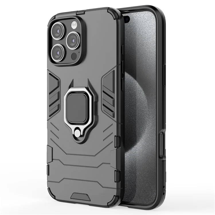 Für iPhone 16 Pro Max Hülle PC+TPU Hybrid Handyhülle mit Ring-Ständer - Schwarz