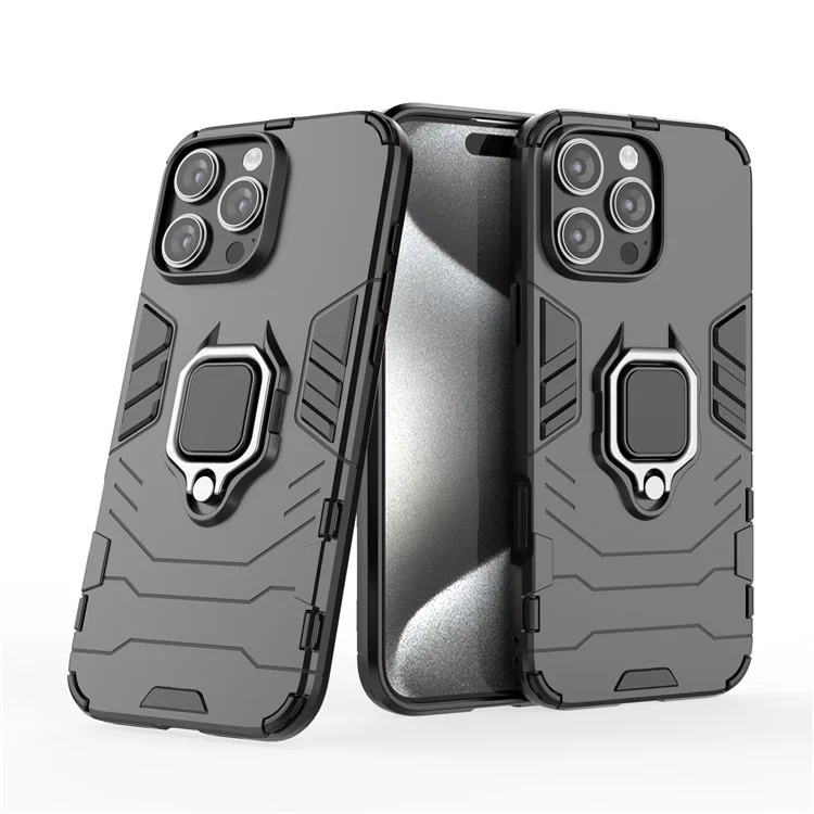 Für iPhone 16 Pro Max Hülle PC+TPU Hybrid Handyhülle mit Ring-Ständer - Schwarz