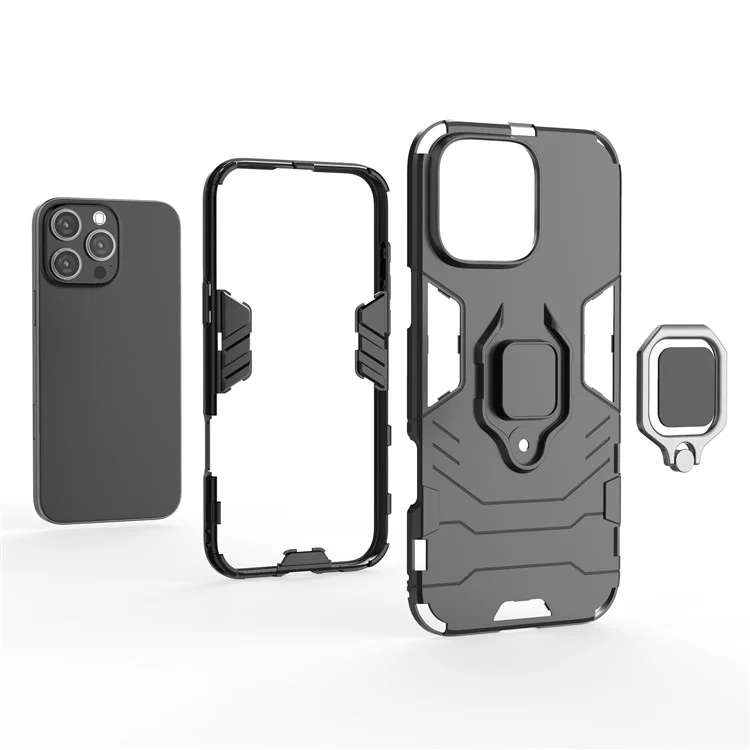 Für iPhone 16 Pro Max Hülle PC+TPU Hybrid Handyhülle mit Ring-Ständer - Schwarz