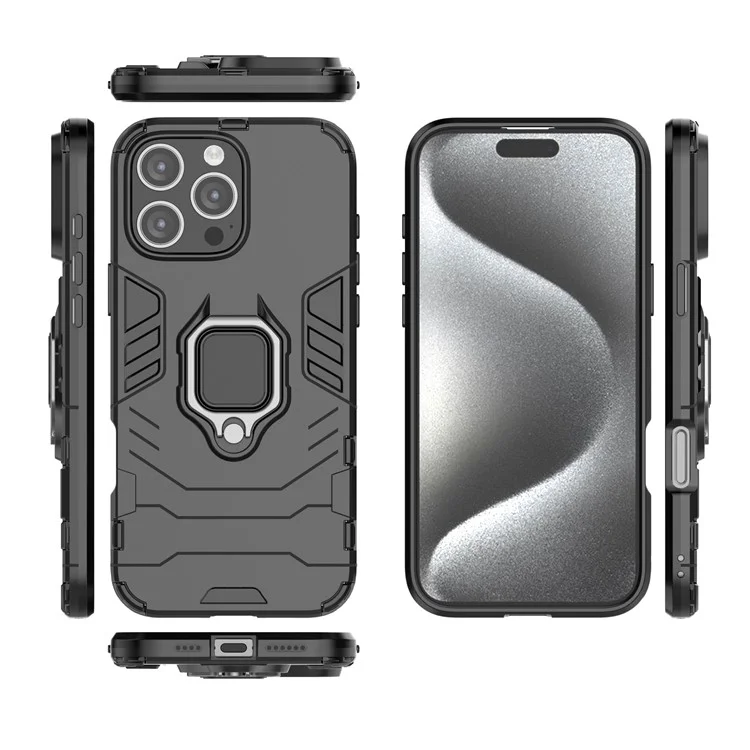 Für iPhone 16 Pro Max Hülle PC+TPU Hybrid Handyhülle mit Ring-Ständer - Schwarz